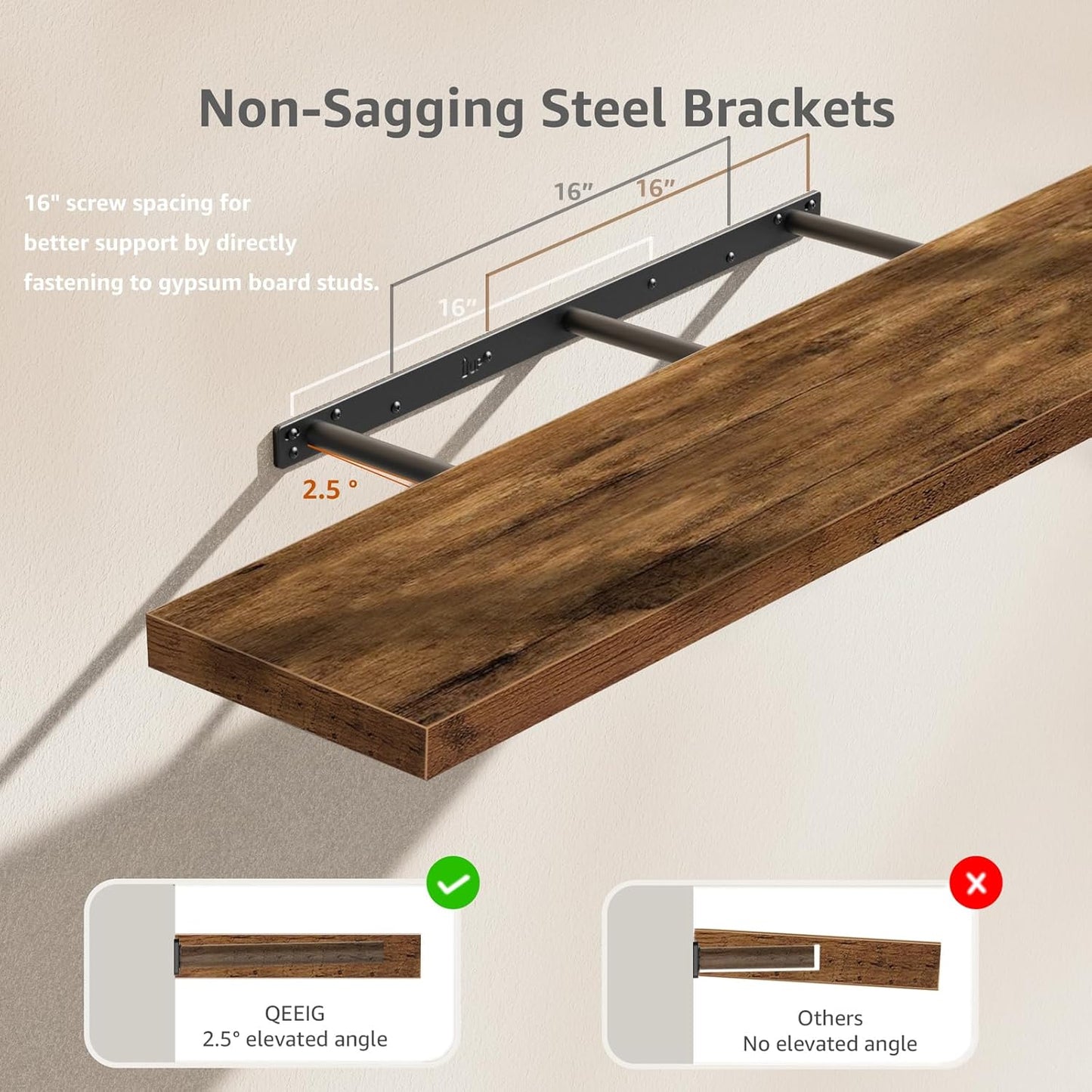 QEEIG Floating Wall Shelves - Extra Long Rustic Brown Set of 2 | 47.2" x 9.3" for Home Decor & Display
