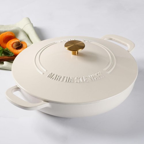 Martha Stewart Gatwick Enameled Cast Iron Dutch Oven Braiser - 3.5 Quart, Linen with Gold Knob