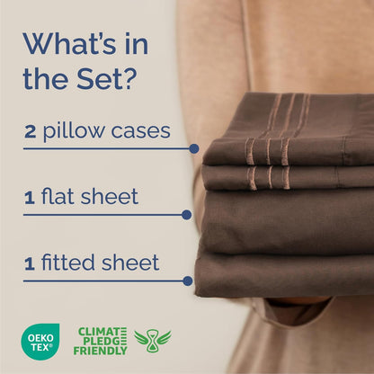 Queen Size 4 Piece Sheet Set - Ultra-Soft Cooling Bed Sheets | Hotel Luxury Bedding - Deep Pockets - Brown