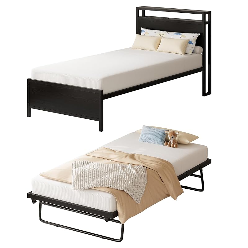 IRONCK Twin Daybed with Trundle, Storage Headboard & Charging Station - Black