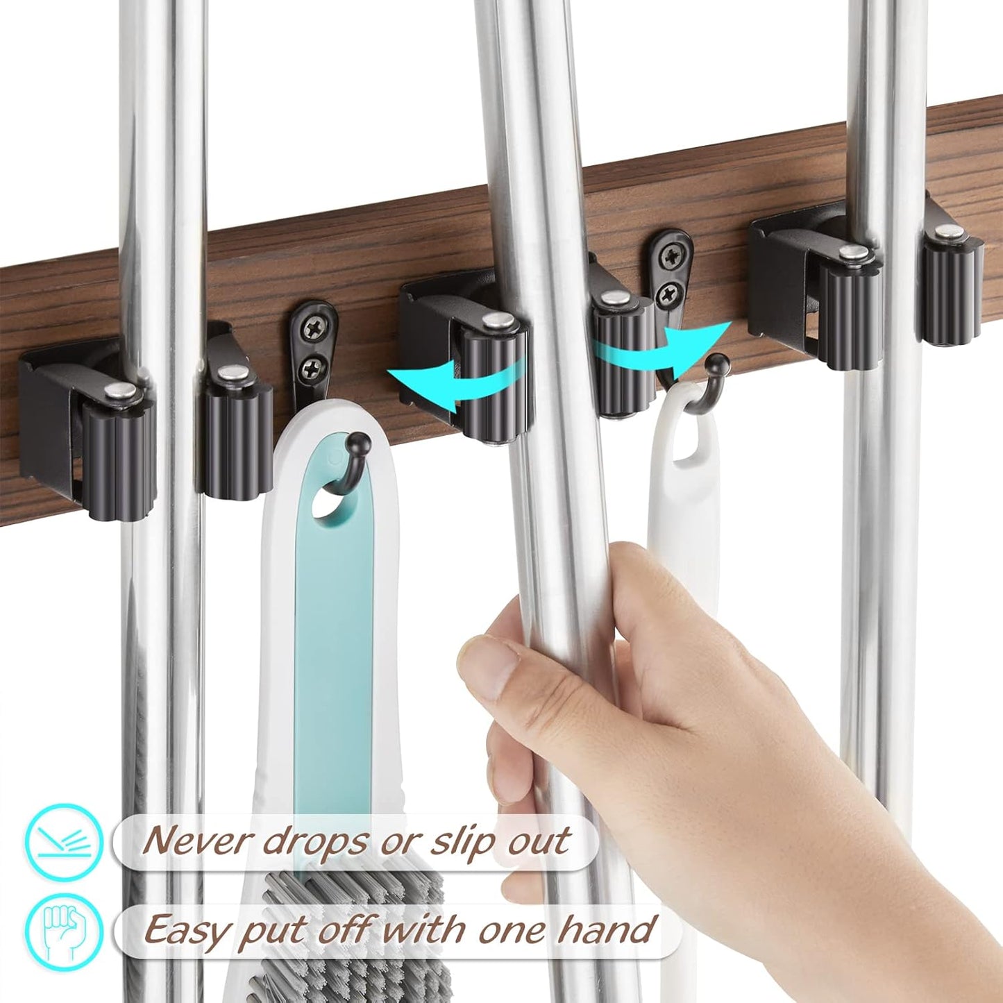 OUTNILI Mop Broom Holder Wall Mount - 2 Pack Wood Organizer with 4 Slots & Hooks for Rustic Kitchen, Garage, Laundry Room