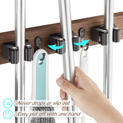 OUTNILI Mop Broom Holder Wall Mount - 2 Pack Wood Organizer with 4 Slots & Hooks for Rustic Kitchen, Garage, Laundry Room