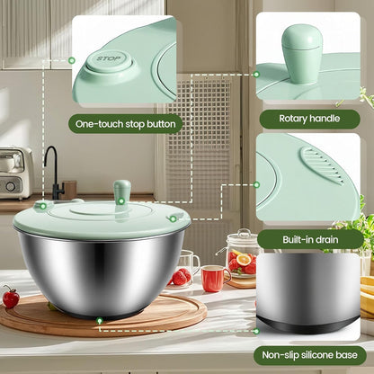 Stainless Steel Salad Spinner - 3-in-1 One-Touch Stop & Non-Slip Base | 5.3 Qt Vegetable Dryer for Healthy Living