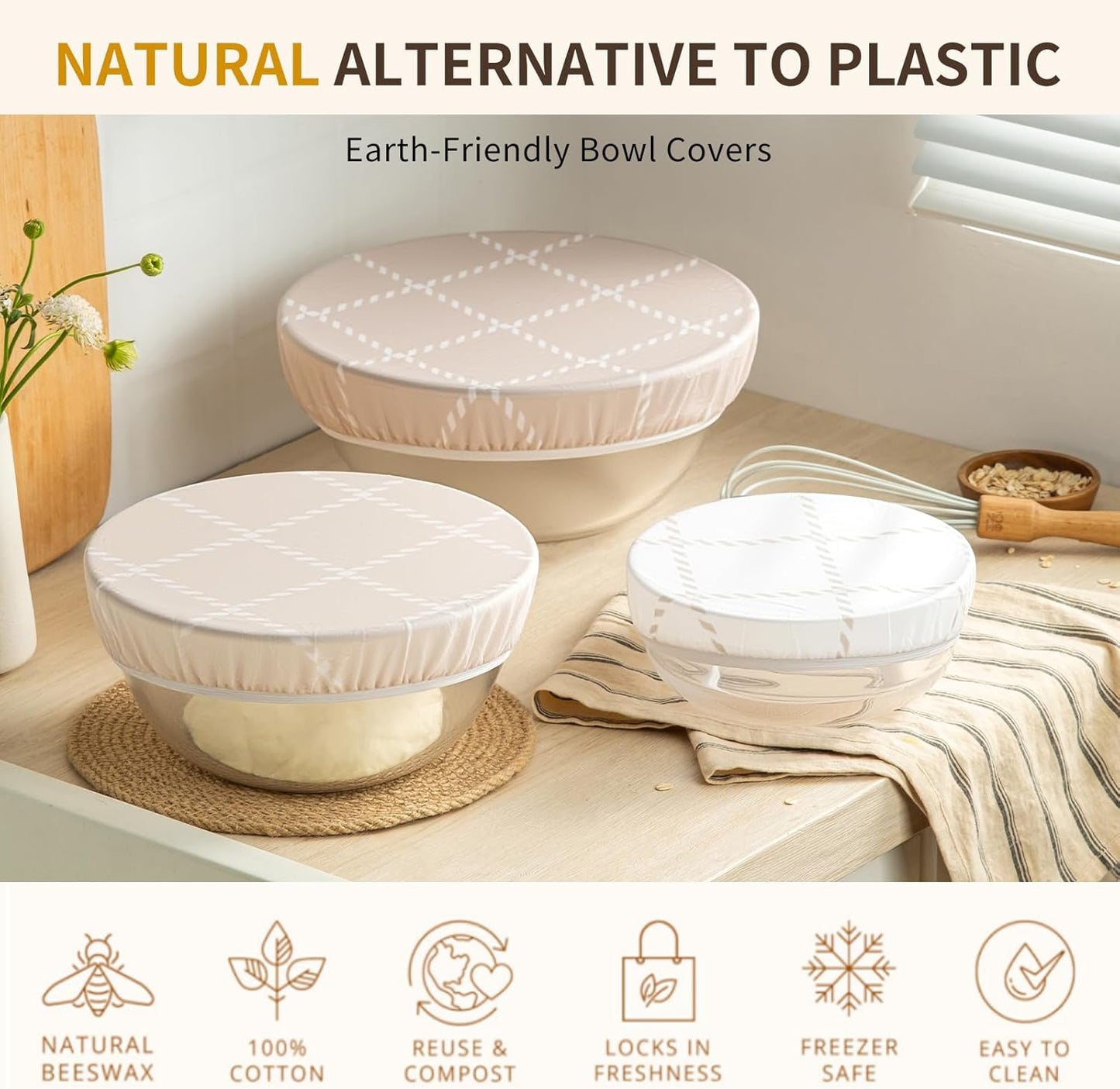 Beeswax Bowl Covers by Skiennix - Reusable 3pc Set for Bread Proofing | 100% Organic Cotton, Elastic Fit, 8/10/12 Inch