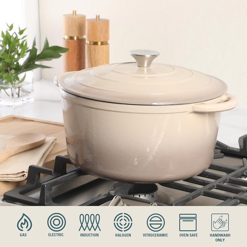 Gibson Home Addlestone 7 Qt Enameled Cast Iron Dutch Oven - Round, Oven Safe to 500°F for Bread Baking & Stews | Gradient Taupe
