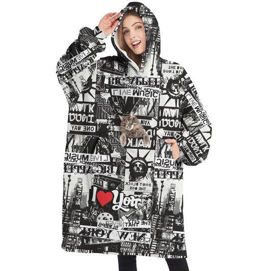 I Love NY New York Logo Wearable Oversized Blanket, Sherpa Blanket Hooded with Super Pockets, Super Warm Fuzzy Pullover for Adults