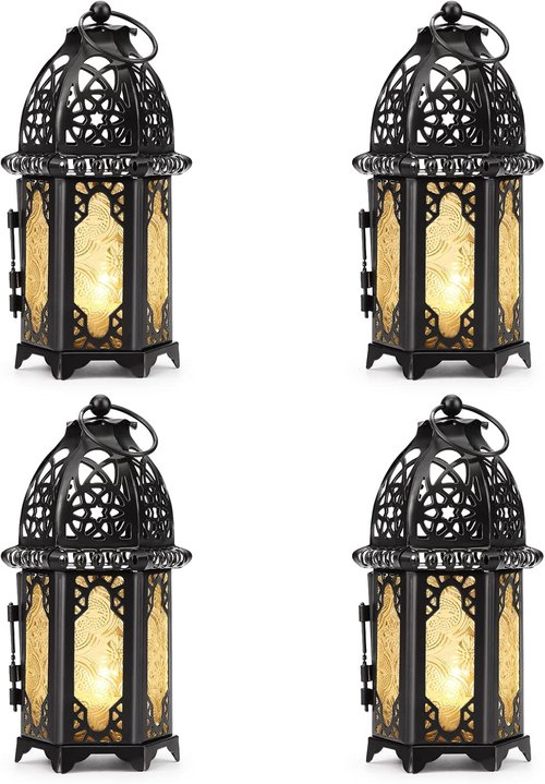 IMAGE Metal Candle Lantern - 6.7" Hanging Moroccan Birdcage Holder with Glass - Black for Home Decor