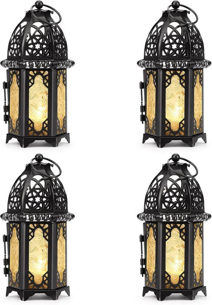 IMAGE Metal Candle Lantern - 6.7" Hanging Moroccan Birdcage Holder with Glass - Black for Home Decor