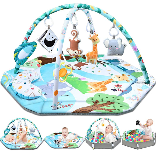 Skiennix Baby Gym Play Mat - 8-in-1 Tummy Time & Ball Pit with 6 Washable Toys | Sensory Development for Infants 0-12 Months