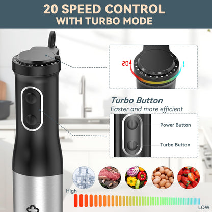 LINKChef 7 in 1 Immersion Blender Handheld, 800W Hand Blender Set, Scratch Resistant with 2 Titanium Steel Blades, 20 Speed and Turbo Mode, Includes Whisk, Milk Frother, Food Processor & Beaker
