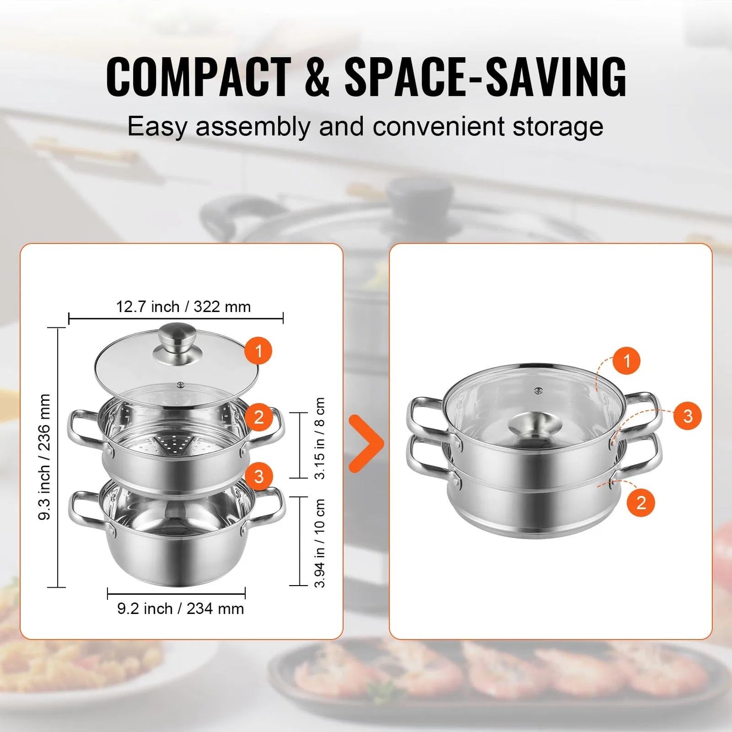 Steamer Pot, 8.66 in/22 cm Steamer Pot for Cooking with 3QT Stock Pot and Vegetable Steamer, Large Capacity Stainless Steel Food Steamer Cookware with Lid for Gas Electric Induction Grill Stove