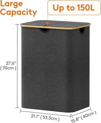 Lifewit 150L Laundry Basket - Foldable Hamper with Lid & Bamboo Handles | Dark Gray, Large Size