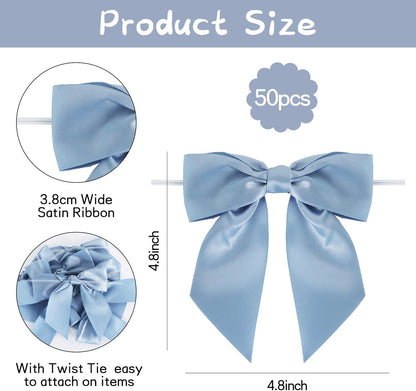 TONIFUL Dusty Blue Satin Ribbon Bows - 50pcs Decorative 4.5 Inch Bows for Gifts, Crafts & Parties