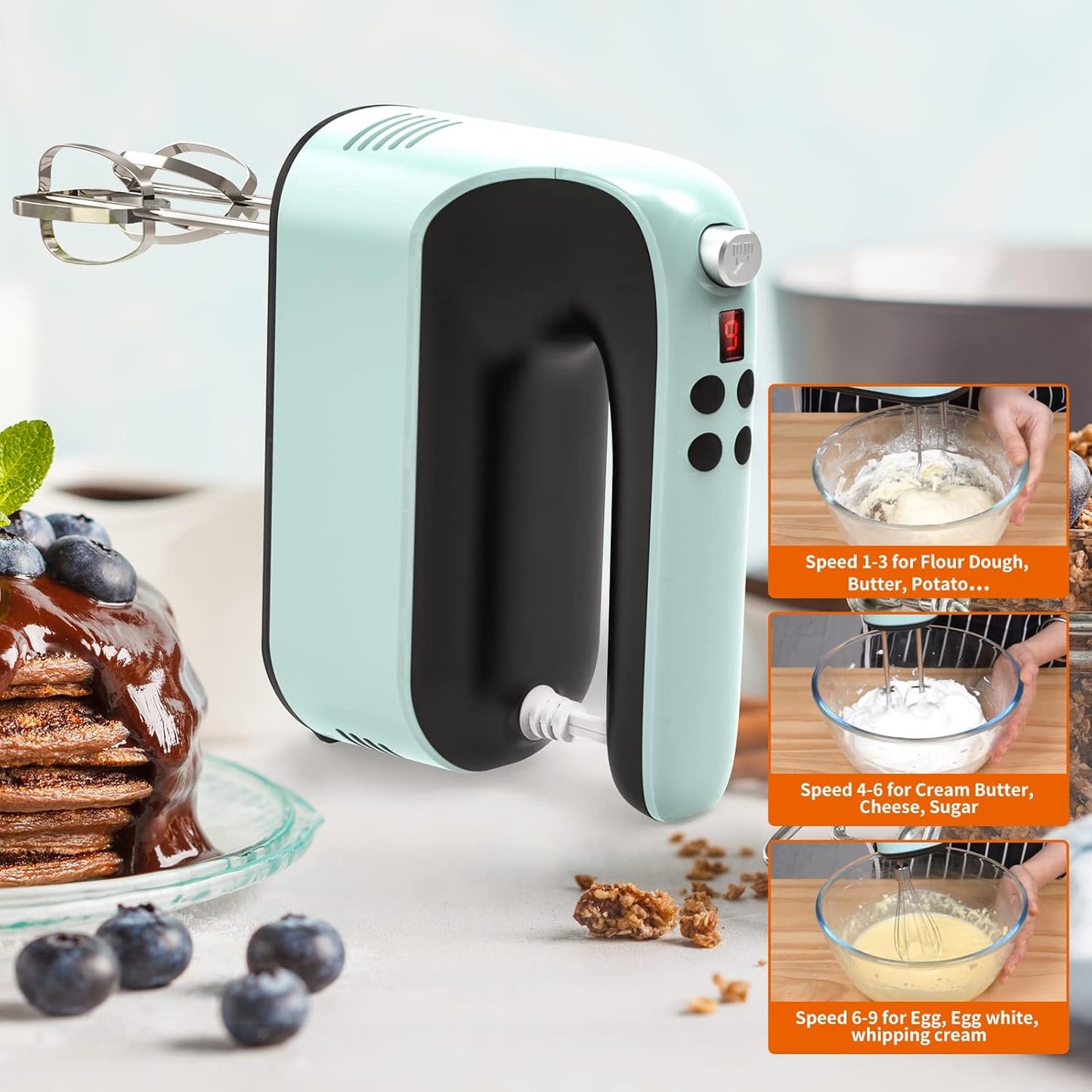 Skiennix 9-Speed Hand Mixer - 400W Powerful Electric Mixer with Snap-On Storage Case & 5 Accessories (Ice Blue/Black)
