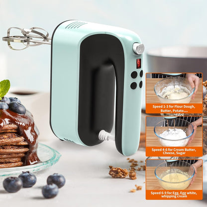 Skiennix 9-Speed Hand Mixer - 400W Powerful Electric Mixer with Snap-On Storage Case & 5 Accessories (Ice Blue/Black)