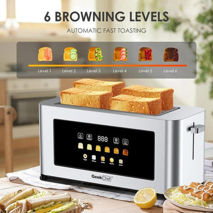 Geek Chef 4-Slice Long Slot Toaster - Touch Screen, Extra Wide Slots for Bagels & Waffles, Stainless Steel