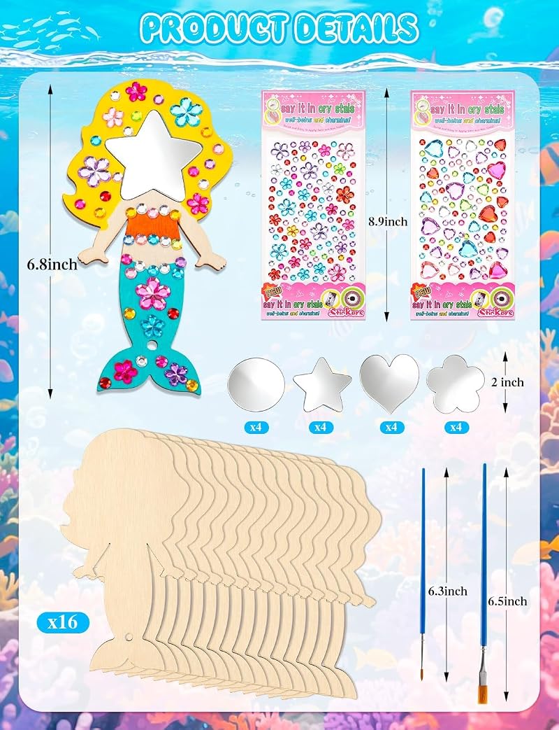 Mermaid Variation 16Pcs Wooden Princess Mirror Craft Party Favors for Kids DIY Decorate
