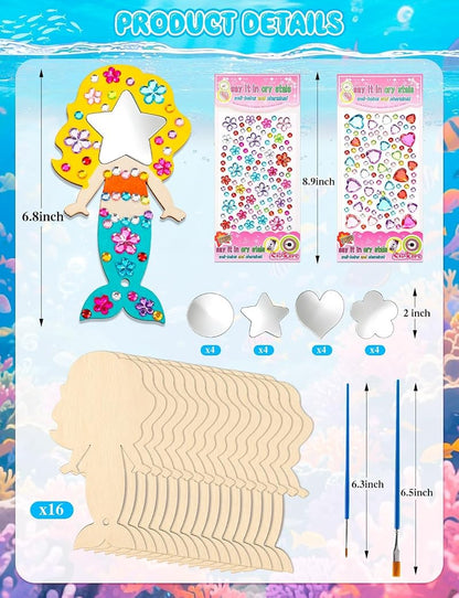 Mermaid Variation 16Pcs Wooden Princess Mirror Craft Party Favors for Kids DIY Decorate