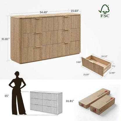 Fluted Dresser by [Brand Name] - 6 Drawer Chest with Faux Marble Top | Curved Design in Natural Oak