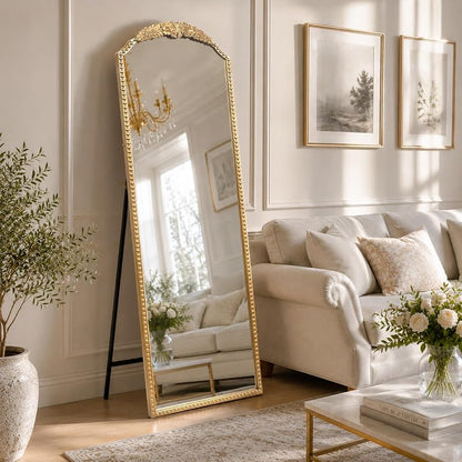 Arched Full-Length Mirror 22x65 in Vintage Gold Beaded Frame - Freestanding or Leaning