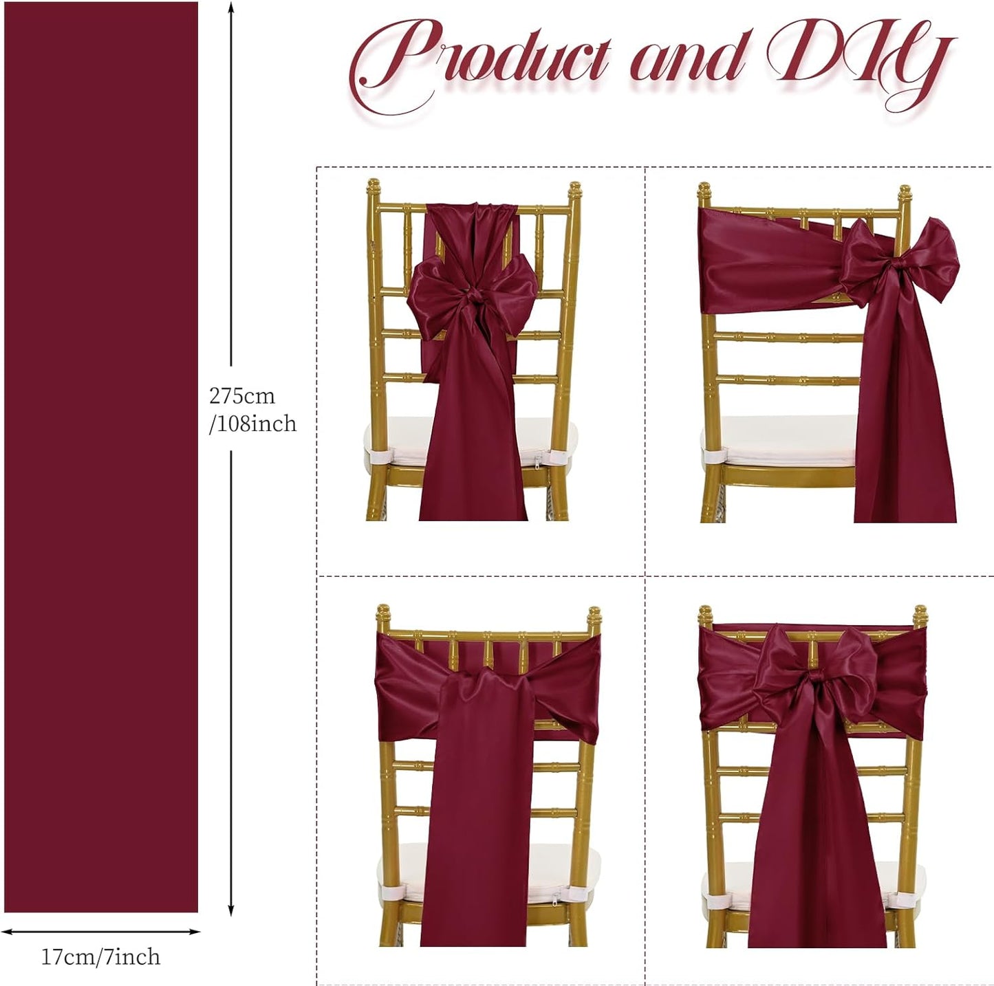 Skiennix 100 PCS Satin Chair Sashes - Burgundy Decorative Ribbon Ties for Weddings & Events | 7 x 108 Inch