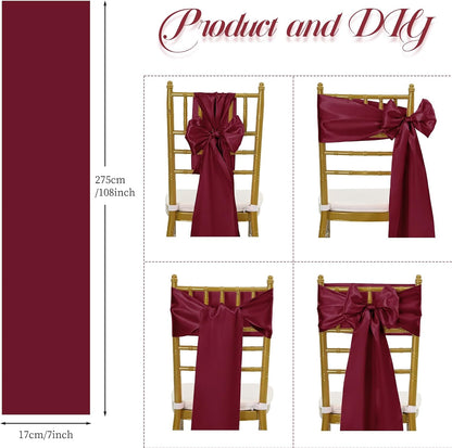 Skiennix 100 PCS Satin Chair Sashes - Burgundy Decorative Ribbon Ties for Weddings & Events | 7 x 108 Inch