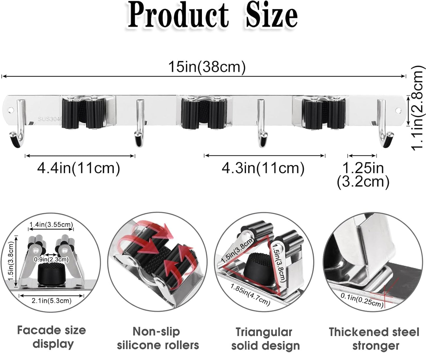Skiennix Wall Mounted Broom & Mop Holder - Heavy Duty Stainless Steel Organizer | 2 Pack with 3 Racks & 4 Hooks