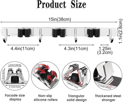 Skiennix Wall Mounted Broom & Mop Holder - Heavy Duty Stainless Steel Organizer | 2 Pack with 3 Racks & 4 Hooks