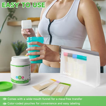 Protein Powder Travel Container Set, Reusable Protein Powder Container To Go, 21Pcs Single Dose Bags & 3Pcs Large Zip Bags, Portable Supplement Storage Containers with Funnel, Spoon