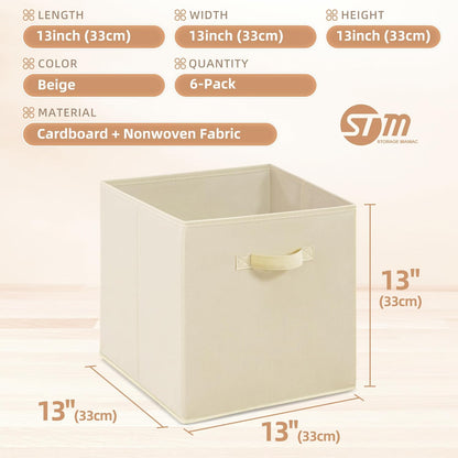 Storage Maniac Storage Cubes - 13-Inch Collapsible Fabric Bins with Handles | 6-Pack Beige for Easy Organization