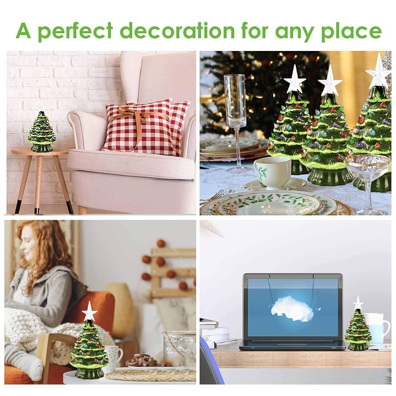 8” Hand-Painted Ceramic Christmas Tree with 32 Lights, 4H Timer - Green
