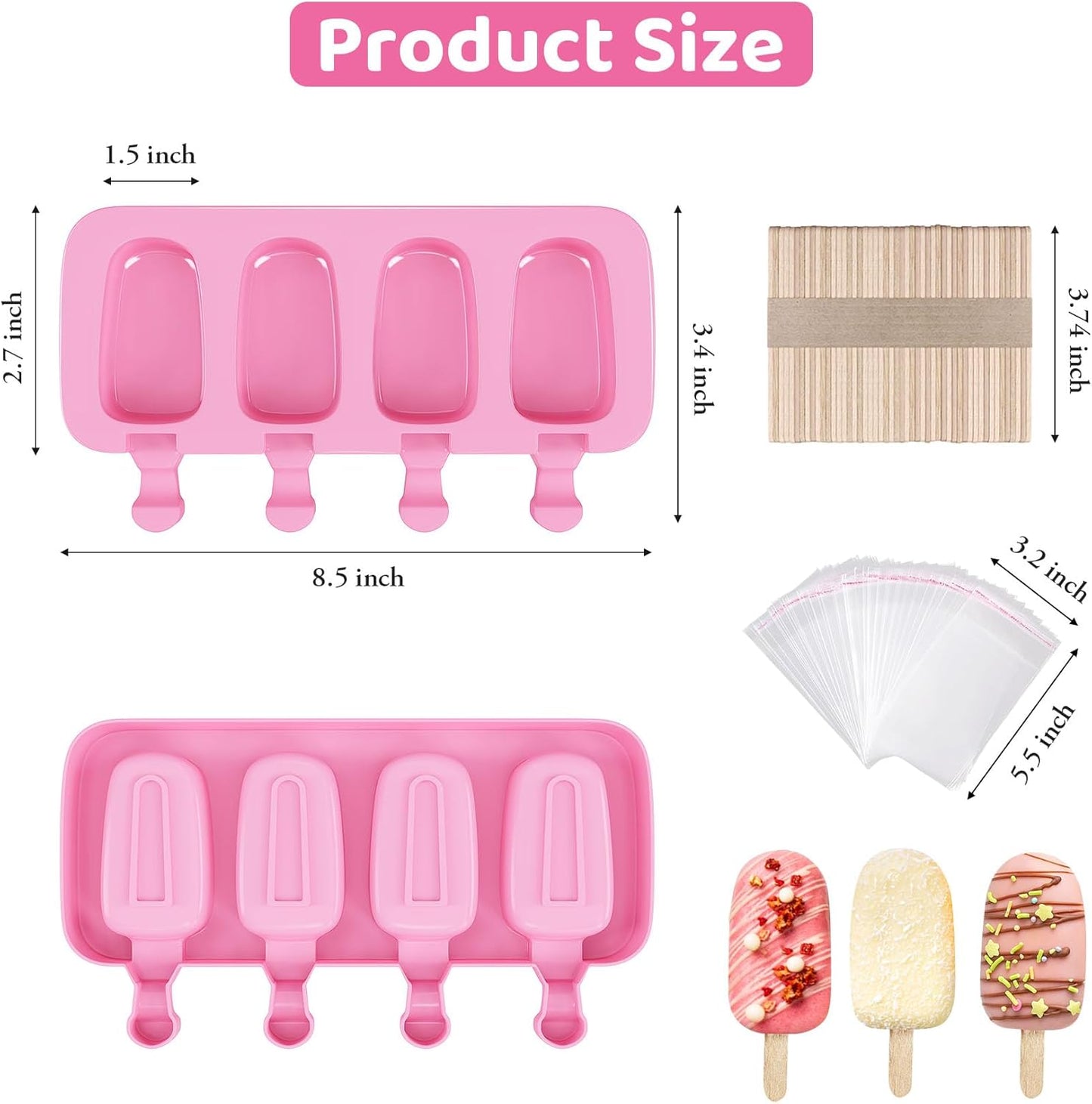 Ouddy Popsicle Molds - Silicone Ice Pop Maker Set with 4 Cavities & 50 Wooden Sticks | Pink