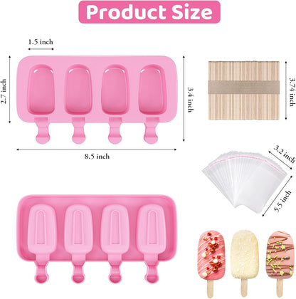Ouddy Popsicle Molds - Silicone Ice Pop Maker Set with 4 Cavities & 50 Wooden Sticks | Pink