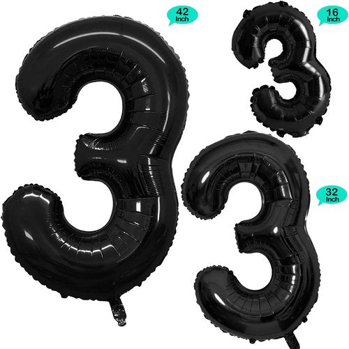GOER Black Foil Number 3 Balloons - Huge 42 Inch Birthday Party Decorations (3 Pack)