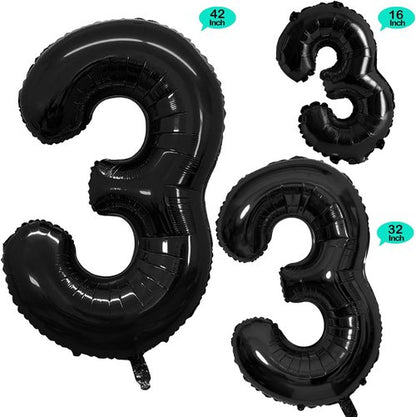 GOER Black Foil Number 3 Balloons - Huge 42 Inch Birthday Party Decorations (3 Pack)