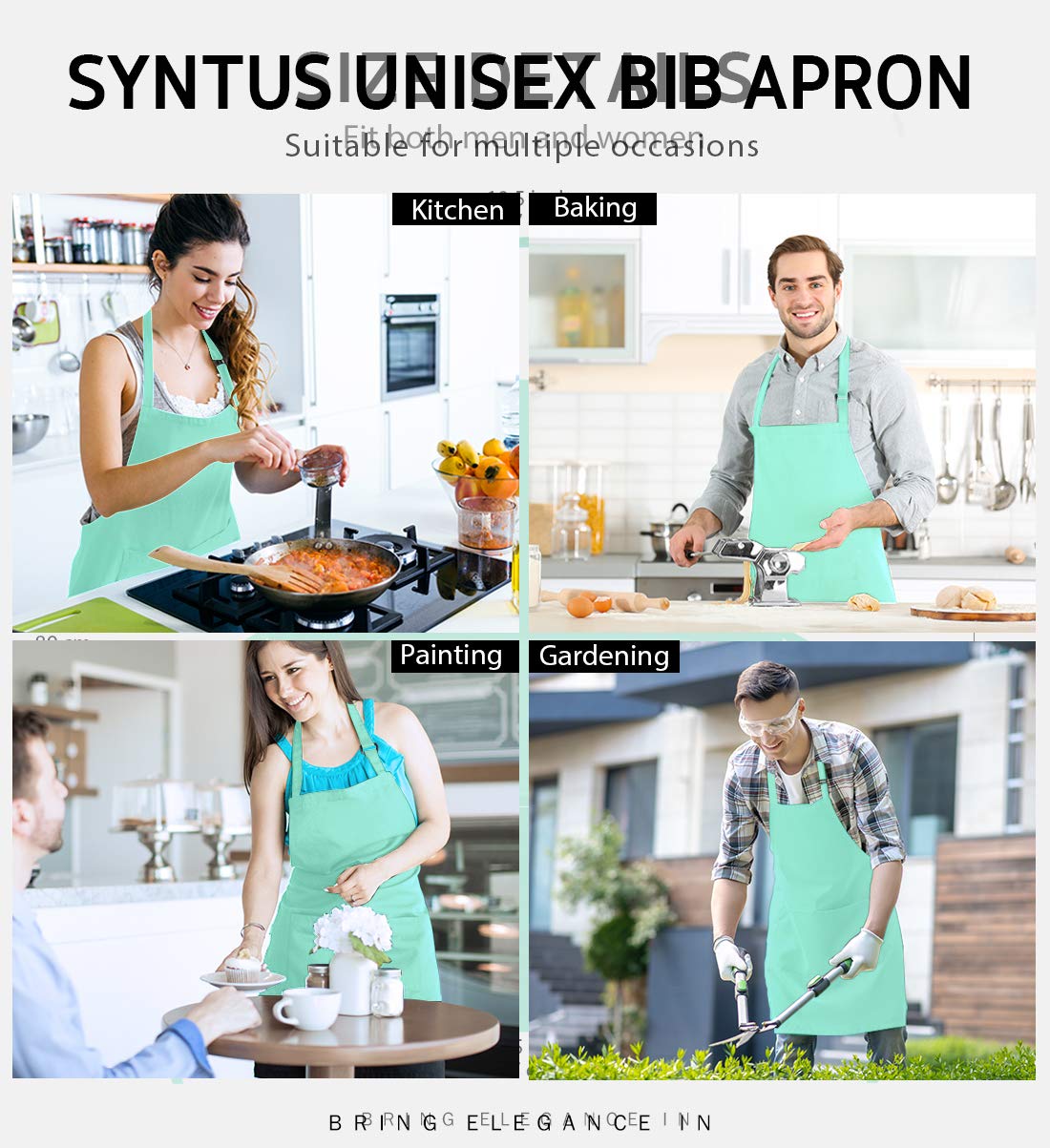 Syntus 2 Pack Adjustable Bib Apron Waterdrop Resistant with 2 Pockets Cooking Kitchen Aprons for BBQ Drawing, Women Men Chef, Green