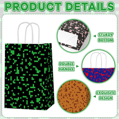 Skiennix Pixel Party Favors Bags - 12 PCS Video Game Themed Treat Bags with Handles for Kids' Birthdays