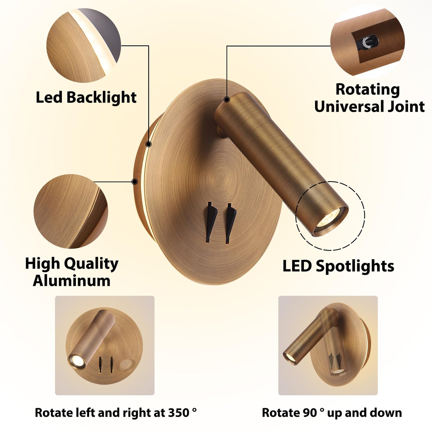 Wall Mount Reading Light for Bed, Backlight Night Wall Lamp, Hardwired Sconce with Switch, Adjustable Wall Sconce Surface Mount Book Reading Lamp,LED Wall Lighting for Bedroom Bedside Lamps (Bronze)