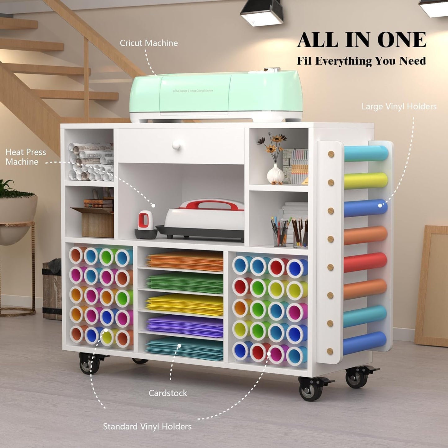 Skiennix Craft Organization Cart - Rolling Storage Solution with Large Drawer & 48 Vinyl Roll Holder | Ideal for Cricut Machines