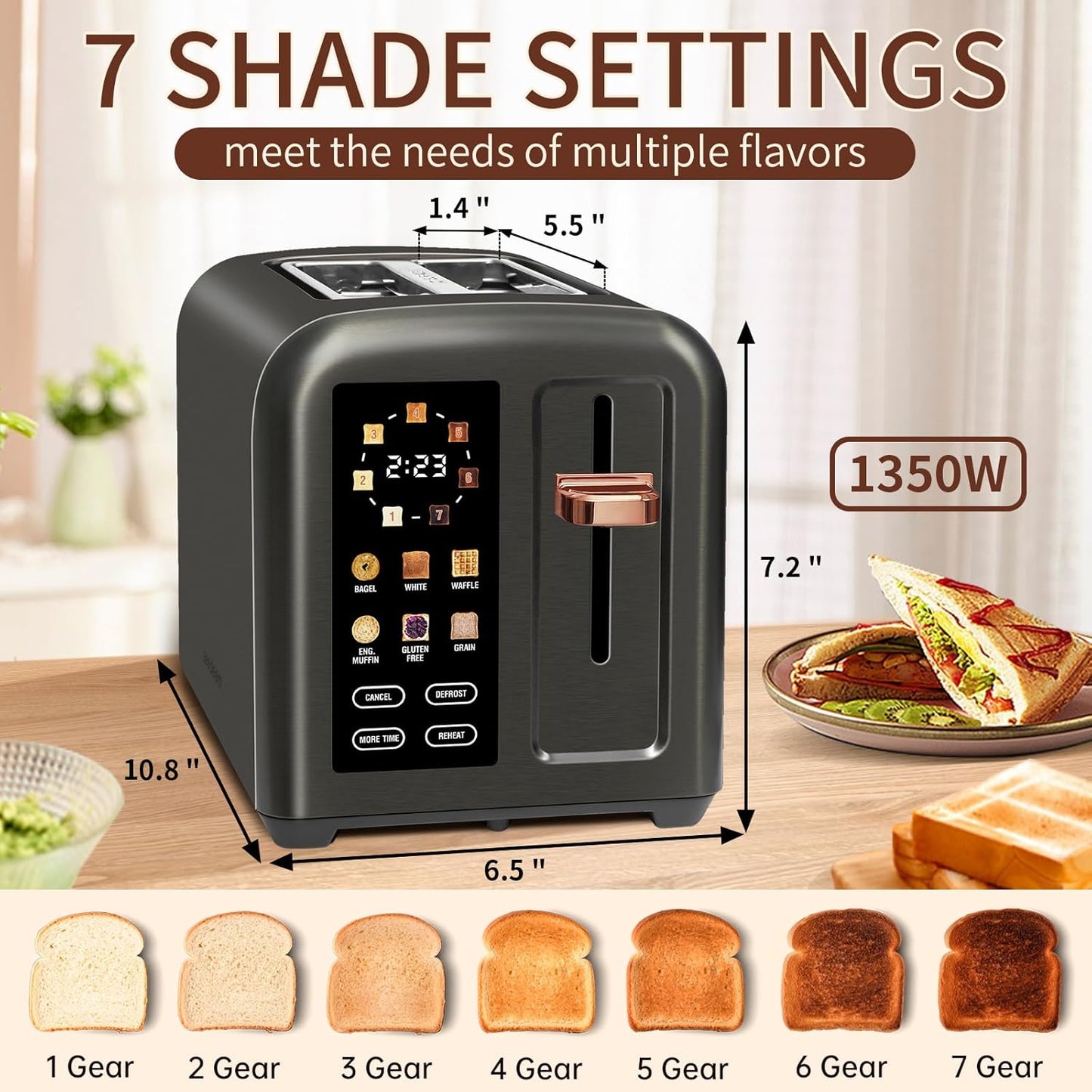 SEEDEEM 2-Slice Toaster - Touch Control LCD Display, 50% Faster Heating, 1.4'' Wide Slots, Dark Metallic