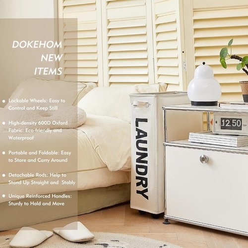 DOKEHOM Slim Rolling Laundry Basket - 25-Inch Collapsible Hamper for Space-Saving Storage | Beige