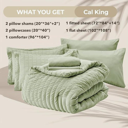 HYMOKEGE California King Comforter Set - Light Green Seersucker 7-Piece Luxury Bedding Set
