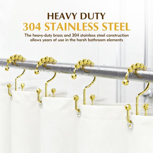 ZASZO Upgraded 304 Stainless Steel Shower Curtain Hooks, 12-Pack Rust-Proof Heavy Duty Gold Shower Curtain Rings, Double Hook Glide Bathroom Hardware Set