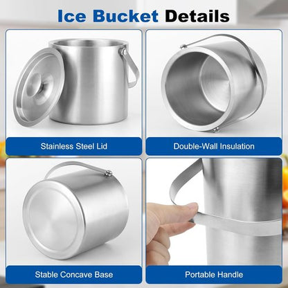 3L Stainless Steel Ice Bucket – Double-Wall Insulated Cooler Keeps Ice Frozen Longer for Wine, Champagne & Beer,Includes Lid, Handle, Tong & Scoop