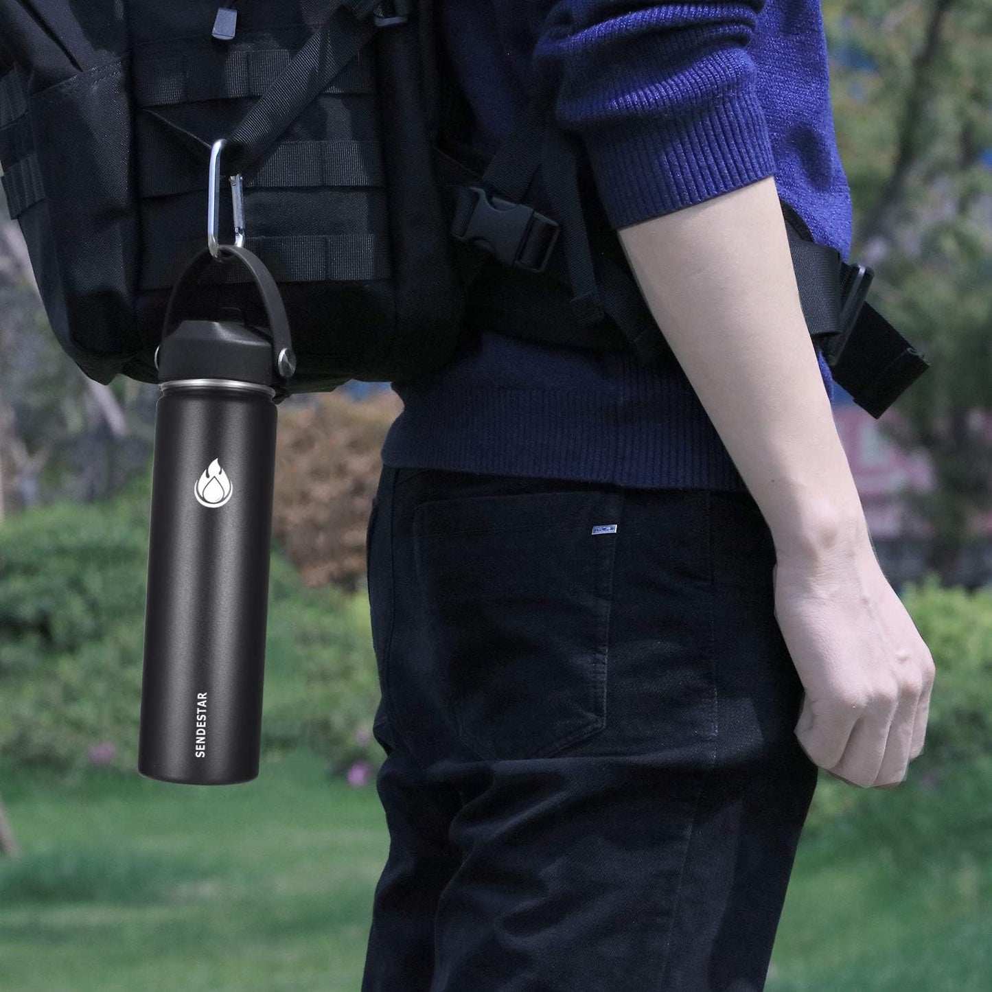 SENDESTAR Insulated Water Bottle - 24 Oz Wide Mouth with Straw & Spout Lid | Double Wall Stainless Steel, Leak Proof, Black