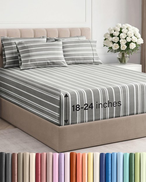 Extra Deep King Sheet Set - 6 Piece Breathable and Cooling Sheets - Hotel Luxury Bedding for Women, Men, Kids & Teens - Easy & Secure Fit - Soft and Wrinkle Free - Extra Deep Pockets - Grey Stripes