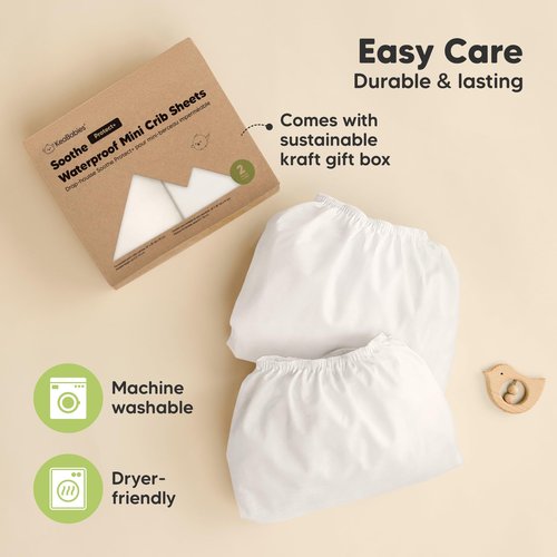 2 Pack and Play Sheets, Waterproof Mini Crib Sheets Fitted - 38x26 Organic Cotton Pack N Play Sheets for Graco Pack and Play Mattress, Playard Baby Crib Sheets,Neutral for Boy,Girl,Toddler(Soft White)