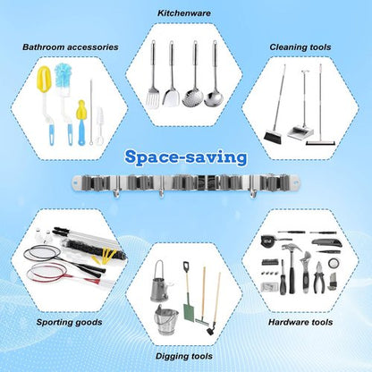 Heavy Duty Wall Mount Broom Holder by [Brand Name] - Stainless Steel Organizer with 5 Racks & 4 Hooks | Self-Adhesive or Screw Mount for Garage, Laundry, Kitchen - Silver