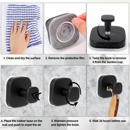 Skiennix Suction Cup Hooks - Strong Adhesive Metal Bathroom & Kitchen Holders | No Drill, Black, 4-Pack