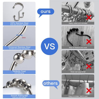 SUTINE Shower Curtain Hooks, 12 Pcs Double Shower Curtain Hooks Rings, Black Shower Curtain Hooks Rust Proof, Stainless Steel Bathroom Shower Hooks for Shower Curtain, Towels, Clothing, Nickel